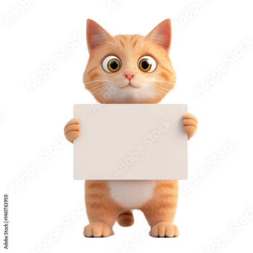 Cute orange cat holding blank sign in front paws with curious wide eyes and fluffy appearance