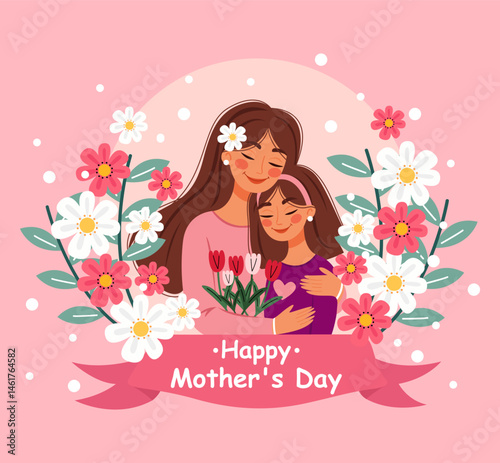 Illustration of mother and daughter with flowers on light pink background.Greeting card for Happy Mother's Day.