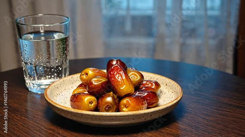 Dates and water on a table, indoor, healthy snack photo