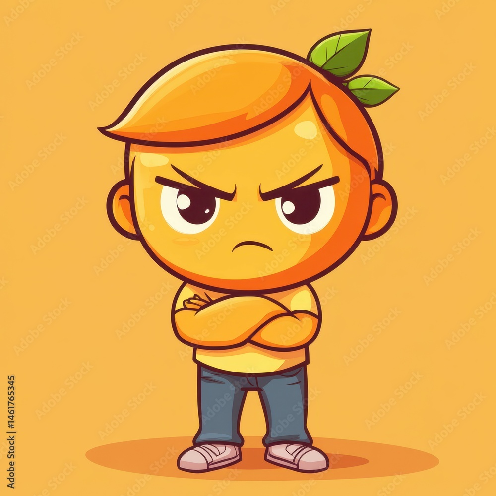 Cute cartoon character with an orange head stands confidently against a yellow background, showcasing playful creativity and charm Cute cartoon character with an orange head stands confidently against a yellow background, showcasing playful creativity and charm