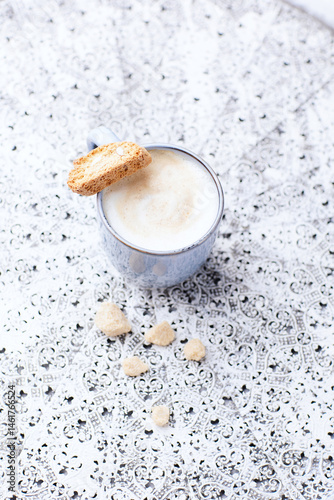 Cappuccino on bright background. Soft focus. Copy space.	