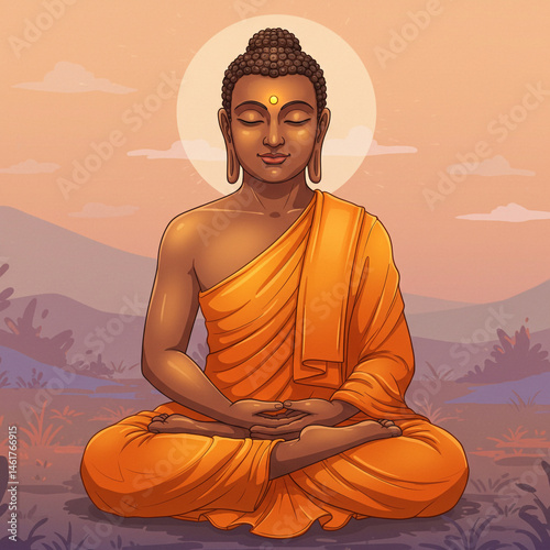 Serene Buddha in Peaceful Sunset Landscape