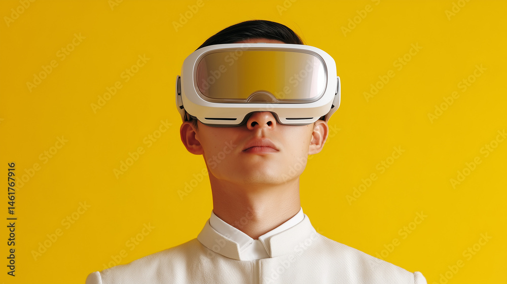 Futuristic Portrait of Man in VR Headset Wearing White Jacket Futuristic Portrait of Man in VR Headset Wearing White Jacket