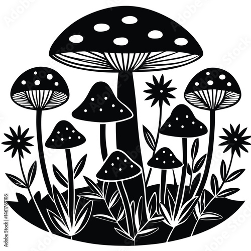 Mushroom vector Silhouette illustration Mushroom patch with wildflowers