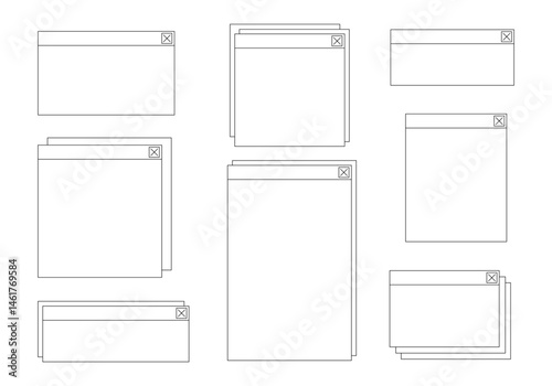 Minimal Interface Window Outline Icon. A set of 8 minimal UI window icons in clean black line art featuring various frame layouts with close buttons. Perfect for wireframes dashboards and web mockups