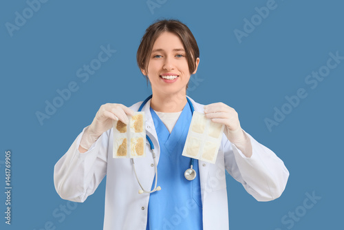 Female doctor with mustard ...