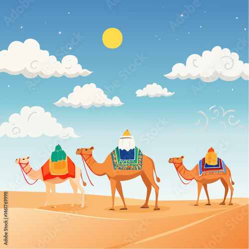A caravan of camels adorned with colorful fabrics and ornaments, traversing the golden sands of a desert under a clear blue sky, symbolizing the journey of Hajj