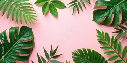 Pastel pink backdrop, lush tropical palm leaves arranged in a summery flat lay , pastel, vacation, leaves photo