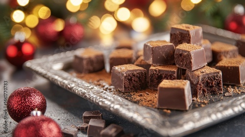 Delicious chocolate truffles dusted with cocoa powder on a silver tray, surrounded by Christmas ornaments.