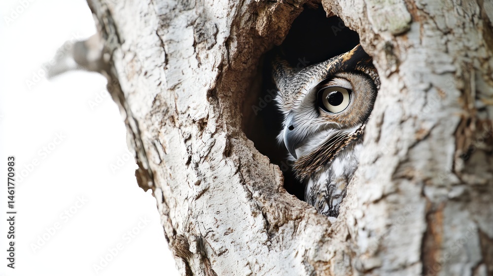 Obraz premium Great Horned Owl peering from tree hollow.