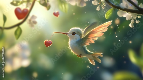 A charming anime hummingbird with heart-shaped tail feathers fluttering playfully