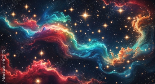 Vibrant Colorful Galaxy Space Scene with Bright Stars and Nebula Clouds, Cosmic Abstract Background
