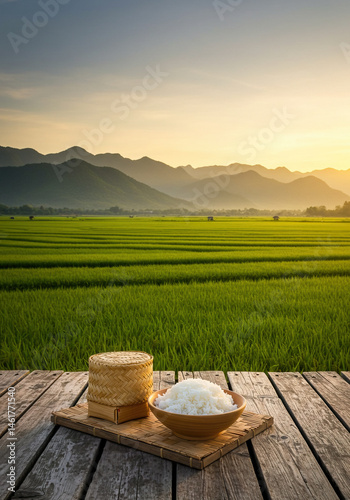 Bowl of rice and rice packing on table with beautiful rice field as background, suitable for background of rice product.
