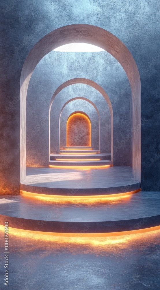 Fototapeta premium Interior architectural design with glowing arches and steps.