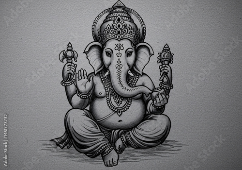 Serene Ganesha: Monochromatic Hindu Deity Illustration