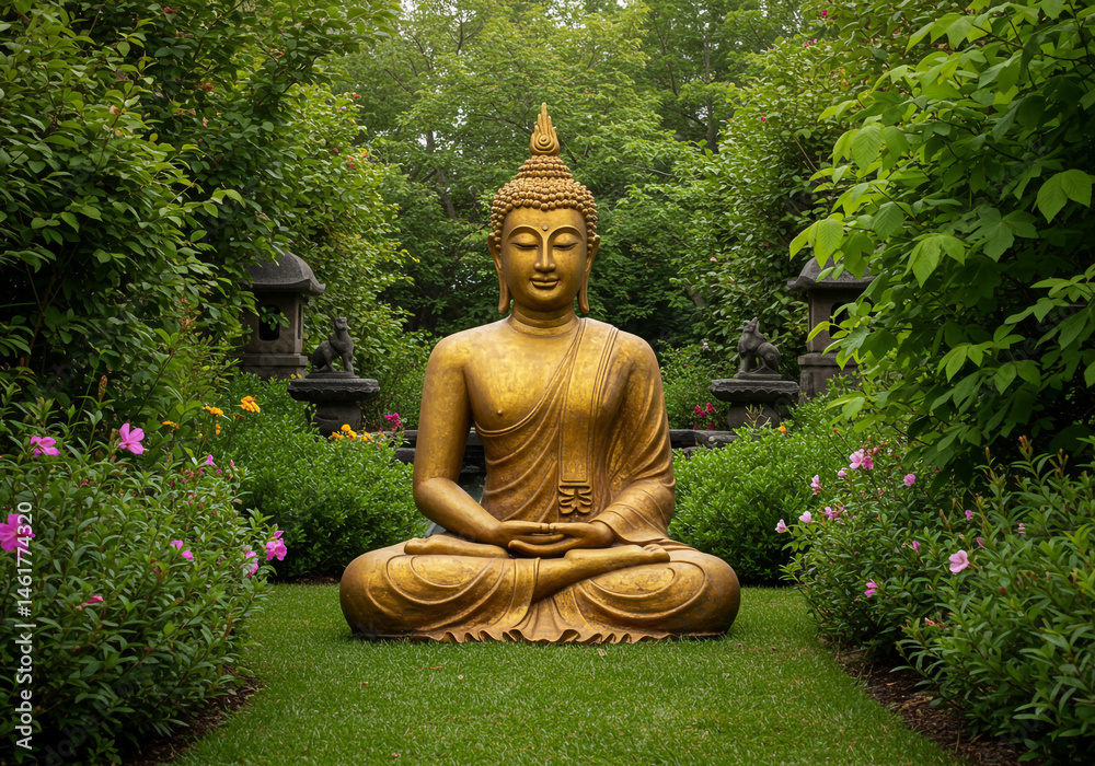 Serene Golden Buddha Statue in Garden