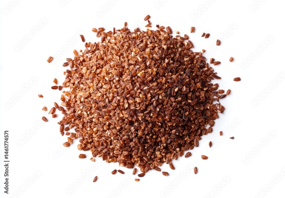 Pile of red rice grains, scattered slightly. Small, whole grains of a deep reddish-brown hue, arranged in a mound Pile of red rice grains, scattered slightly. Small, whole grains of a deep reddish-brown hue, arranged in a mound