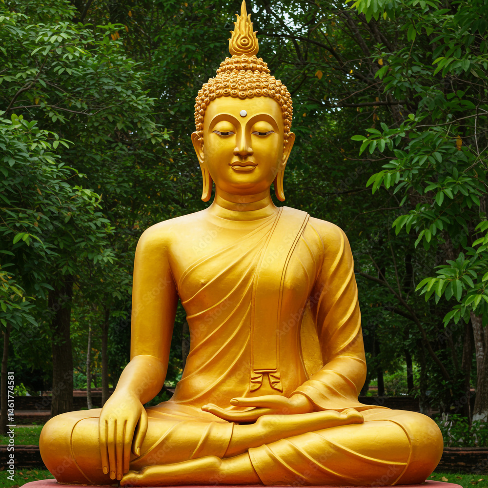 Golden Buddha Statue in Peaceful Garden