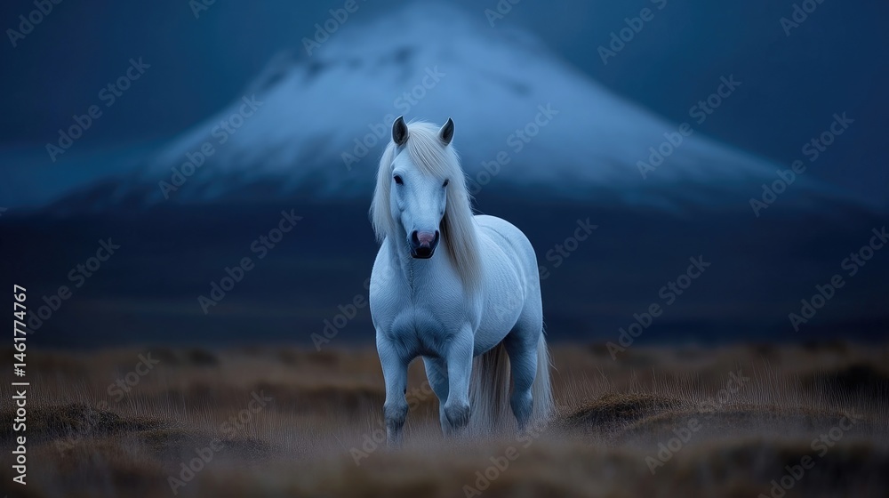 Fototapeta premium Majestic white horse in a dramatic landscape. A stunning, white Icelandic horse stands in a field of dry grass, against a backdrop of a snow-capped mountain range at twilight. The horse's long,