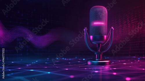 Retro microphone with vibrant neon light trails and digital wave, representing podcasting, broadcasting, and communication.