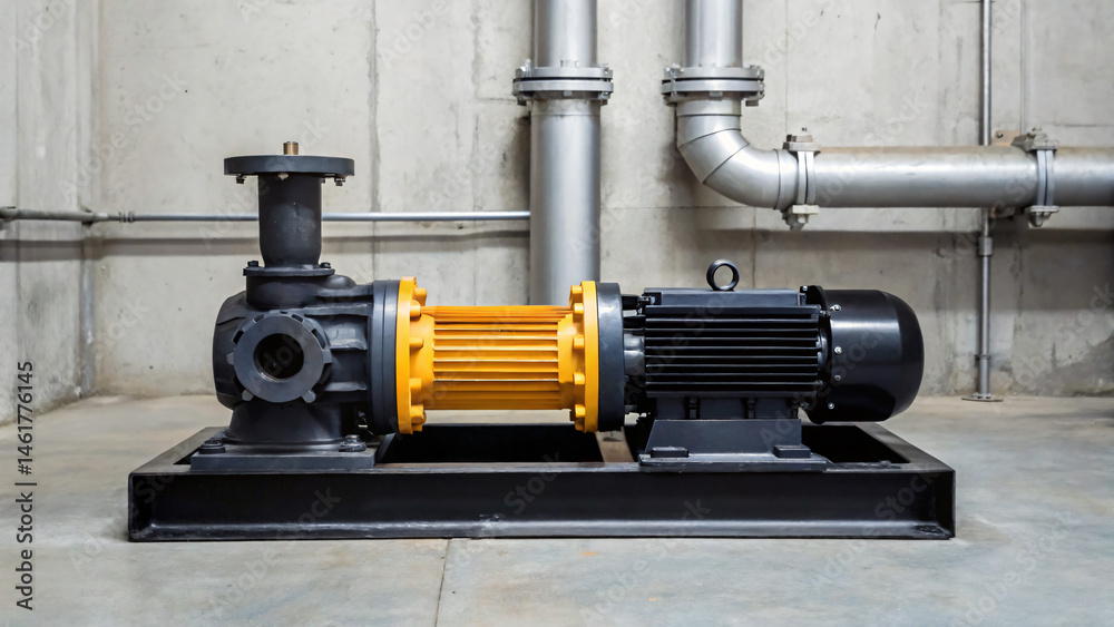 Fototapeta premium Industrial Pump and Motor System in Modern Factory with Grey Concrete Background