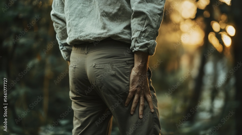 Fototapeta premium Man experiencing lower back pain outdoors at sunset.