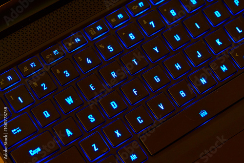 Illuminated RGB Keyboard of High-Performance Gaming Laptop. QWERTY.