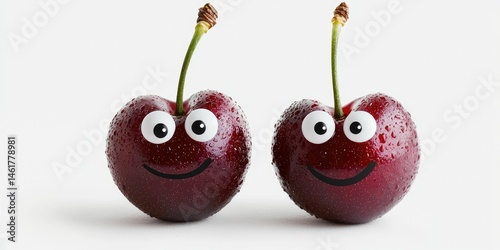 Two cherries with cartoon exaggeration-big eyes and smiles-on transparent canvas