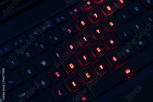 Illuminated RGB Keyboard of High-Performance Gaming Laptop. QWERTY.