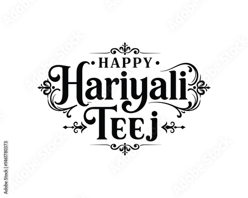 Happy Hariyali Teej Festival Typography Design | Indian Traditional Celebration Vector | Black and White Cultural Clipart .

