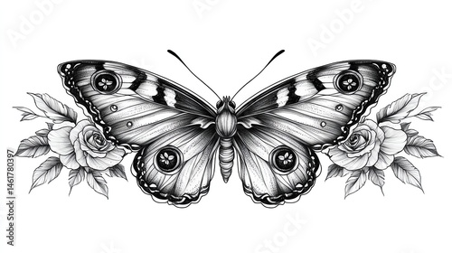 Isolated on white flower butterfly with rose tattoo in fine line floral drawing style with elegant symmetrical composition