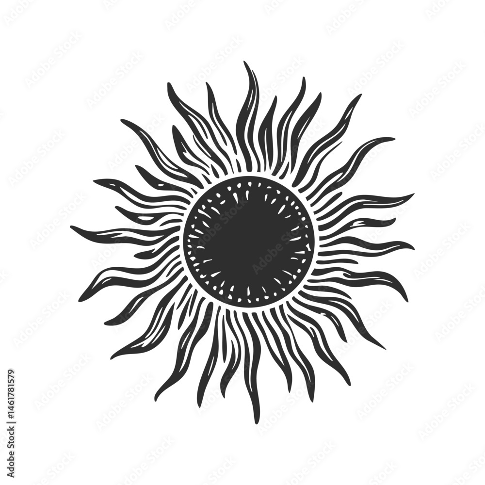 Sun With Radiating Flames Silhouette Illustration. Symbolizing Energy And Vitality. Isolated Vector Illustration Sun With Radiating Flames Silhouette Illustration. Symbolizing Energy And Vitality. Isolated Vector Illustration