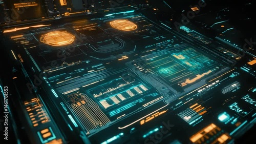 Futuristic Technology Interface Animation with Complex Data Visualization and Circuitry