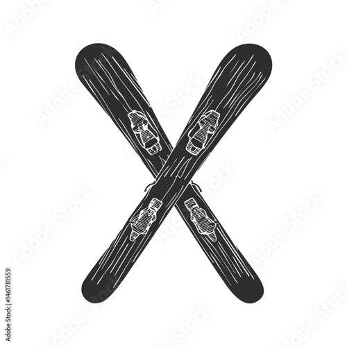Crossed Skis With Bindings Silhouette Illustration. Winter Sports Equipment And Adventure Theme Isolated Vector Illustration