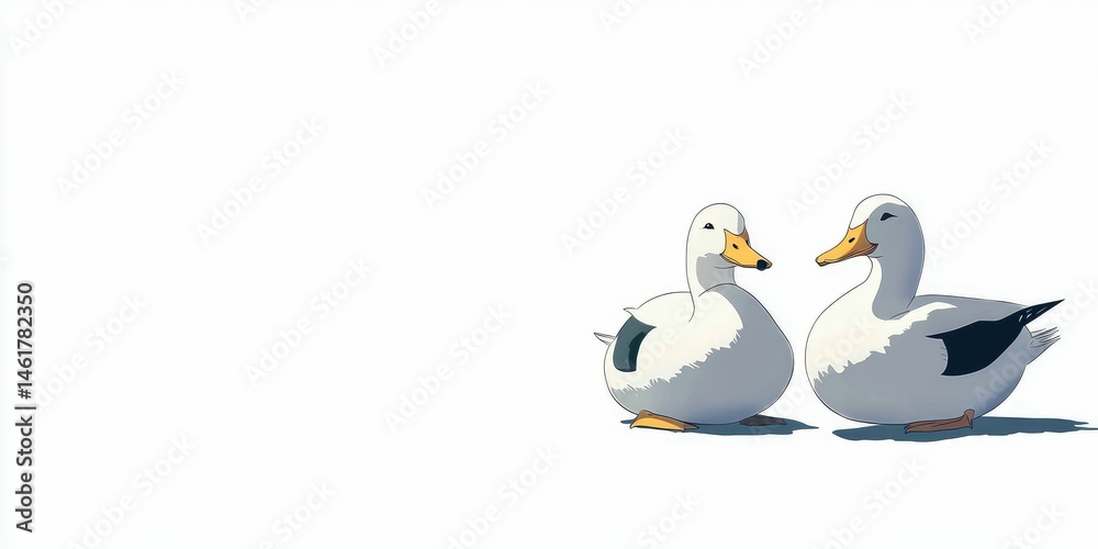 Fototapeta premium Two relaxed ducks sitting down together, clean shadowed white space.