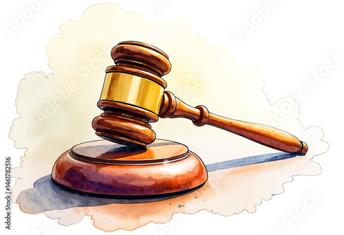 watercolor sketch of a court hammer, a trial, on a white background