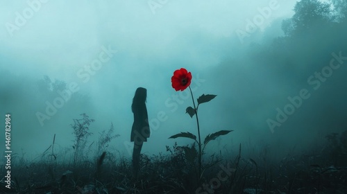 Silhouetted woman gazing at a single red poppy in a misty forest.