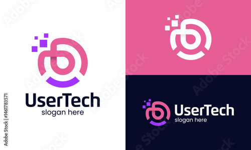 Technology user logo design. Abstract shape of person with digital pixel graphic icon vector design.