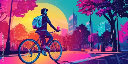 Wallpaper Mural Vivid vector landscape where urban sports meets nature: cool teen cycles past a stylized digital park with juice in hand and headphones on. Torontodigital.ca