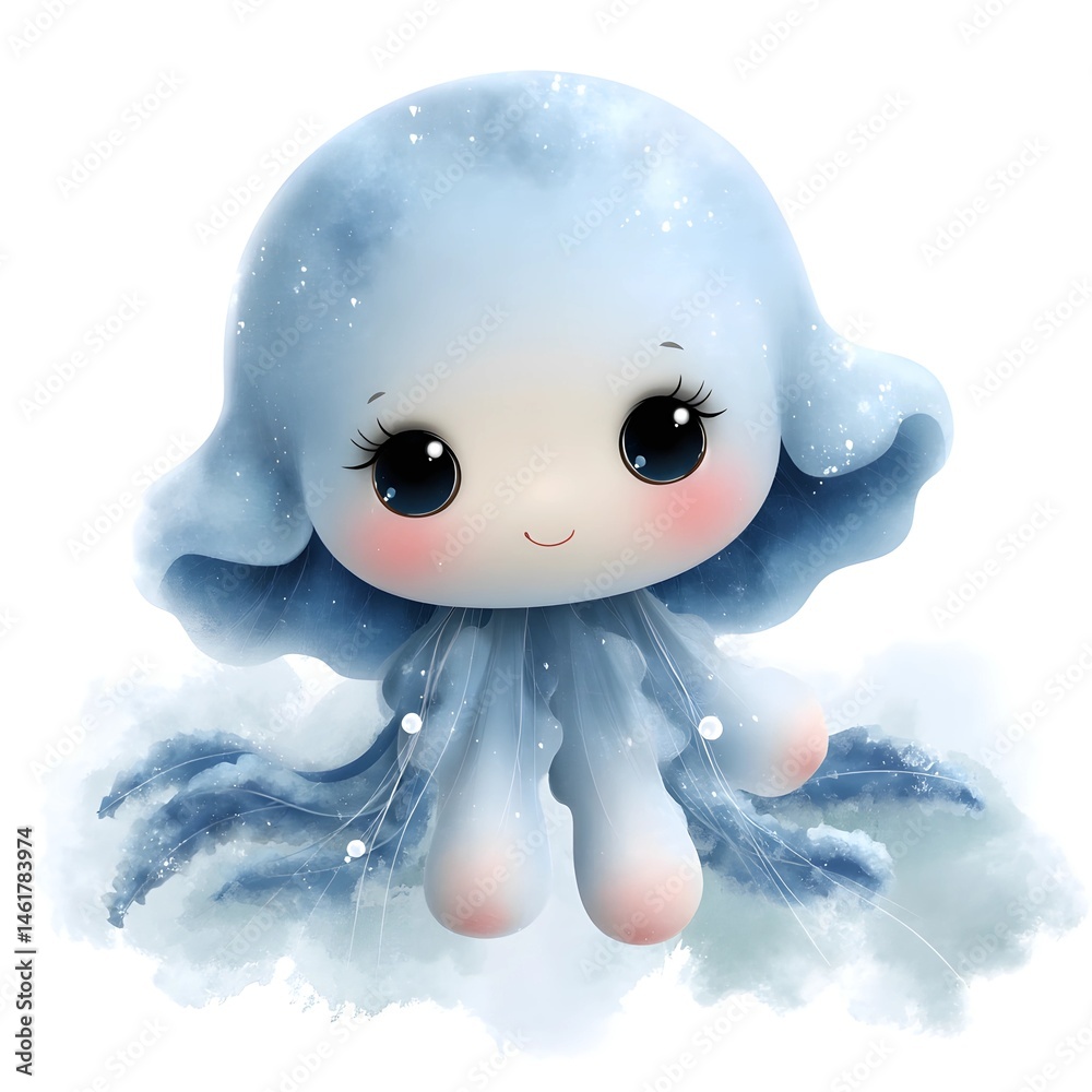 Obraz premium Cute cartoon baby jellyfish with glowing blue skin in pastel watercolor vector style