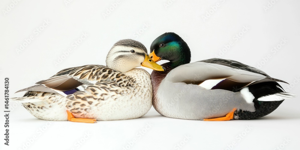 Obraz premium White background with a pair of domestic ducks, one preening.