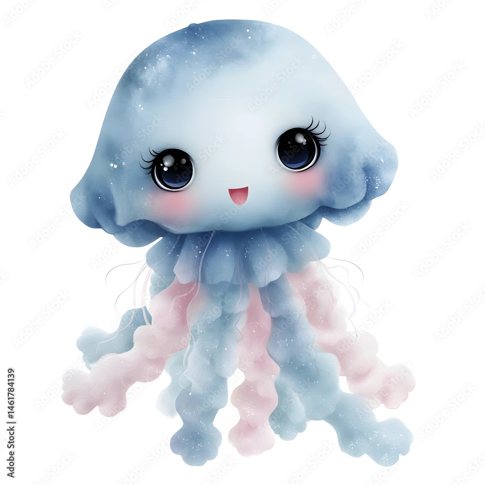 Obraz premium Cute cartoon baby jellyfish with glowing blue skin in pastel watercolor vector style