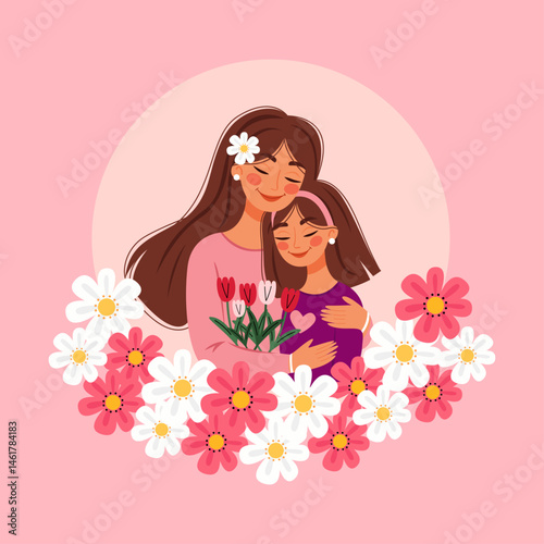 Illustration of mother and daughter with flowers on light pink background.Greeting card for Happy Mother's Day.