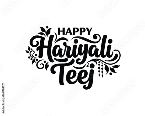 Happy Hariyali Teej Festival Typography Design | Indian Traditional Celebration Vector | Black and White Cultural Clipart .

