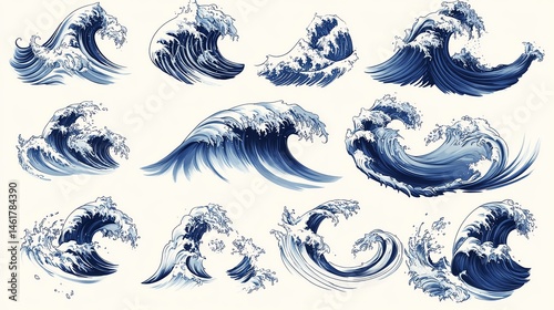 Artistic illustrations of dynamic ocean waves in various shapes and styles, featuring deep blue and white highlights.