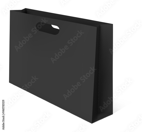 Realistic black shopping bag with a die cut handle standing upright on a white background, providing an ideal canvas for displaying brand designs or marketing concepts