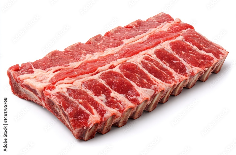 Raw beef ribs, fresh and ready to cook. High-quality, uncooked meat, ideal for grilling or roasting. Visible bone structure, vibrant red color, meat is thick and looks appetizing Raw beef ribs, fresh and ready to cook. High-quality, uncooked meat, ideal for grilling or roasting. Visible bone structure, vibrant red color, meat is thick and looks appetizing