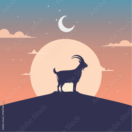 A minimalist silhouette of a goat standing atop a hill, with a dramatic sunset and crescent moon in the background, symbolizing sacrifice and devotion