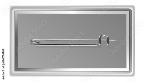 Close up of a blank horizontal metal badge with a closed safety pin, offering customizable space for logos or messages against a white background