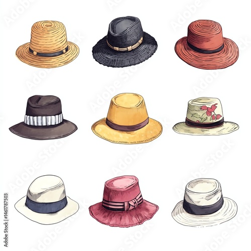 Wallpaper Mural A collection of nine stylish hats, each with unique shapes, colors, and designs, arranged in three rows on a white background. Torontodigital.ca